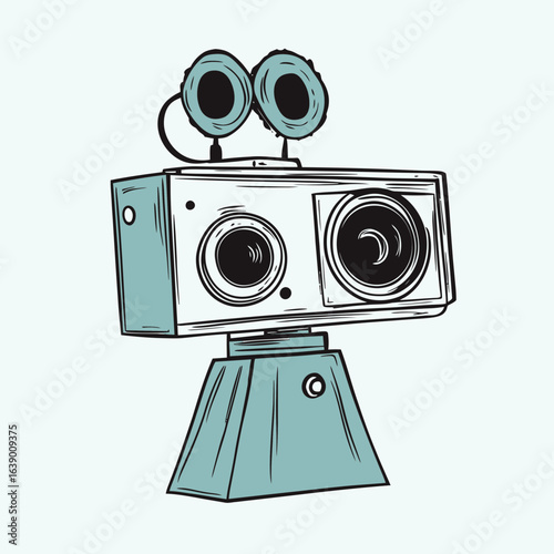 Hand drawn retro vintage video camera doodle with dual lenses and twin reel film viewer in sketch style isolated vector illustration