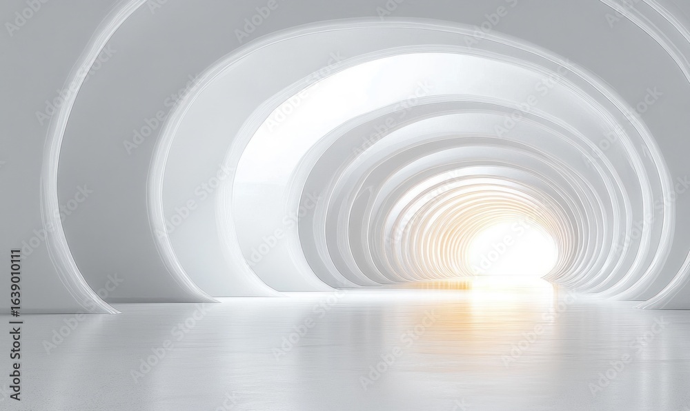 Fototapeta premium Bright futuristic white tunnel with smooth curved arches and glowing light at the end, creating a serene and expansive atmosphere