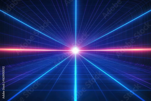 Futuristic glowing grid tunnel with intersecting neon blue and pink light beams converging at a bright center point creating a sense of depth and motion