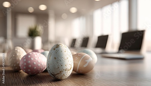 Easter eggs on a modern office desk.  Blurred office background