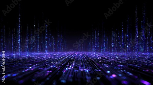 Abstract digital landscape,  violet and blue glowing particles, lines, and columns on black background