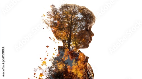 Autumn Child Double Exposure with Fall Leaves, and Nature.