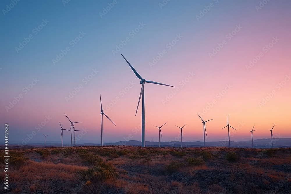 Obraz premium Wind turbines standing tall on a grassy plain during a colorful sunset under a clear sky