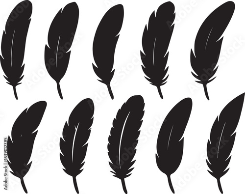 Collection of black feather silhouettes isolated on white background
