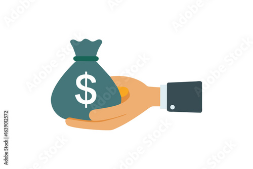 Hand holding money bag with dollar sign flat design