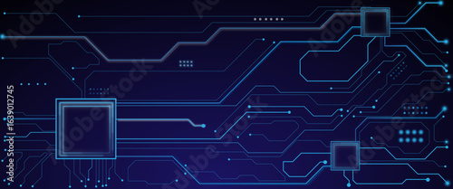 Vector brightly glowing AI chip on light circuit board on technology blue background. CPU processor or semiconductor on tech bg. 