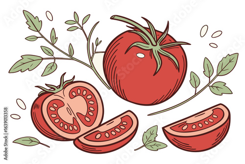 Tomato slices and whole tomato with leaves illustration