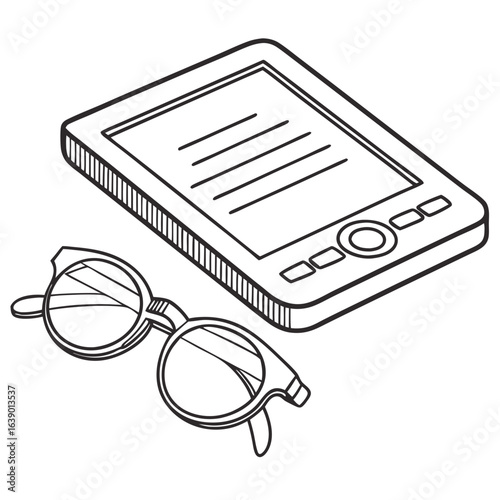 Flat Style E-Reader with Glasses, Isolated Technology Vector Illustration. Perfect for: World Book Day, Summer Vacation, Reading Festival, Library Event