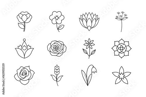 Flower and Floral Line Vector Icon Set