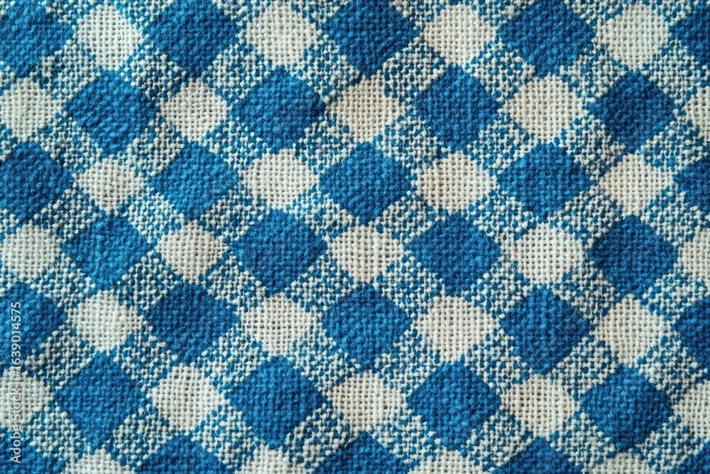 Fototapeta premium Close-up of textured fabric with blue and beige diamond plaid pattern creating a woven appearance