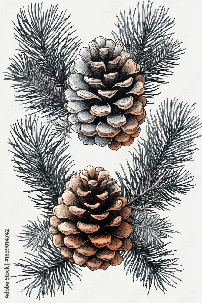 Fototapeta premium Close up detailed illustration of two pine cones surrounded by pine needles in natural earthy tones