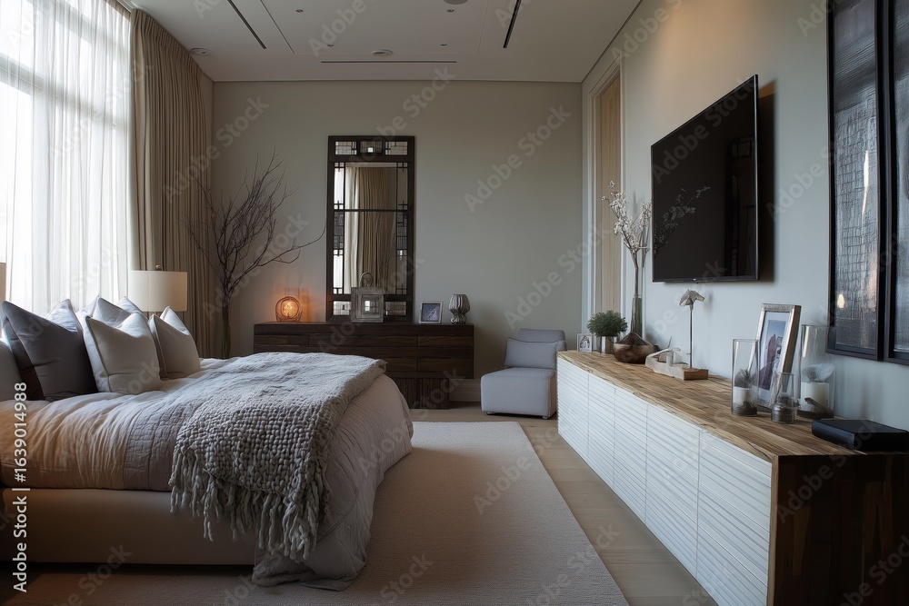 Fototapeta premium Modern bedroom featuring a minimalist TV console, cozy throws, and soothing lighting