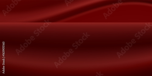 Realistic texture of silk background. Vector 3D texture of silk natural fabric with smooth pleats, red, graceful, dark and expensive scarlet color