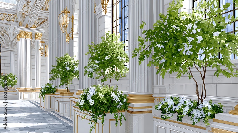 Fototapeta premium Minimalist Anime Concept Art Featuring Imposing White Building Interior