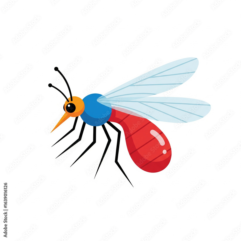 Obraz premium A cartoon illustration of a mosquito with detailed features, wings, and body parts.