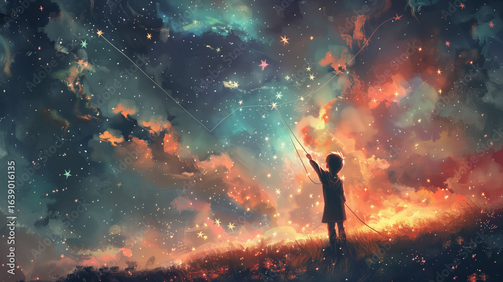 Naklejka premium A kid with a kite made of stars