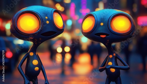 Fototapeta Naklejka Na Ścianę i Meble -  Two small blue alien creatures with large glowing orange eyes and yellow spots standing in a colorful, blurred city street at night, one with a closed mouth and the other smiling