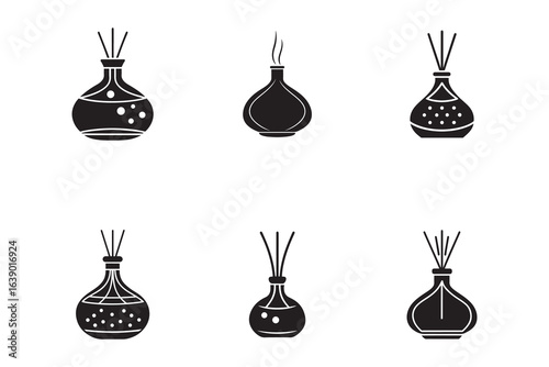 Aromatic reed diffuser vector silhouettes for home fragrance enhancement and aromatherapy relaxation promoting a calming and stylish ambiance