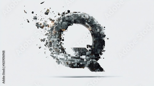 Exploding 3D Letter Q with Abstract, Grey, and White Background.