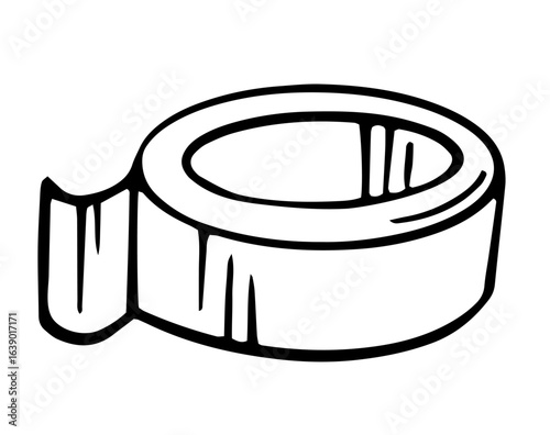 Black-and-white line art of an adhesive tape roll with a peeled strip, ideal for office, shipping, packaging, crafting, labeling, and stationery designs.