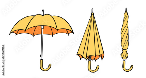 Yellow umbrella illustration in open, half-closed, and folded views; perfect for weather apps, branding, stationery, packaging, seasonal design, and web graphics.