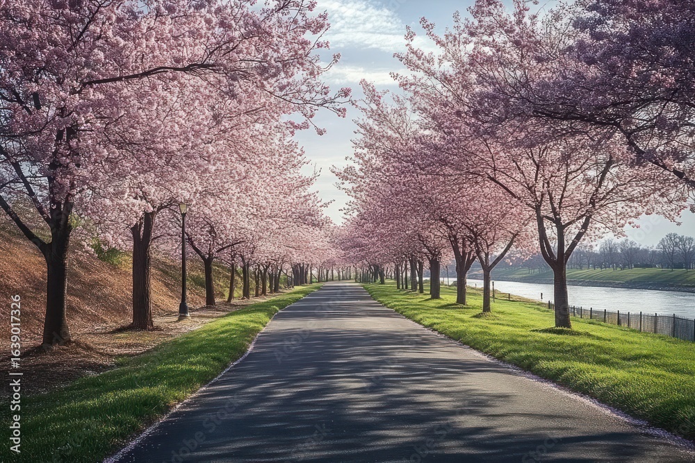Fototapeta premium Scenic pathway lined with blooming pink cherry blossom trees under a partly cloudy sky beside a calm river, evoking tranquility and natural beauty