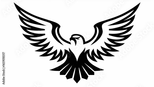 Illustration of a stylized eagle with outstretched wings in black and white color palette design element style silhouette