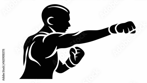 Silhouette illustration of a muscular boxer throwing a punch with clenched fists in a fighting stance