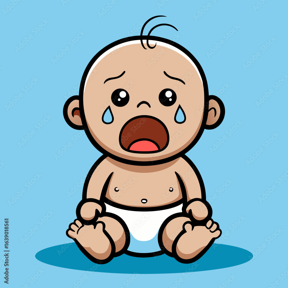 Fototapeta premium Crying Cartoon Baby in Diaper – Light Blue Background, Whimsical Emotion Illustration