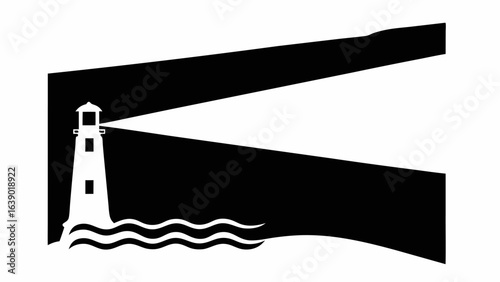 A stark monochrome illustration of a lighthouse with beams shining across a wavy sea landscape scene silhouette