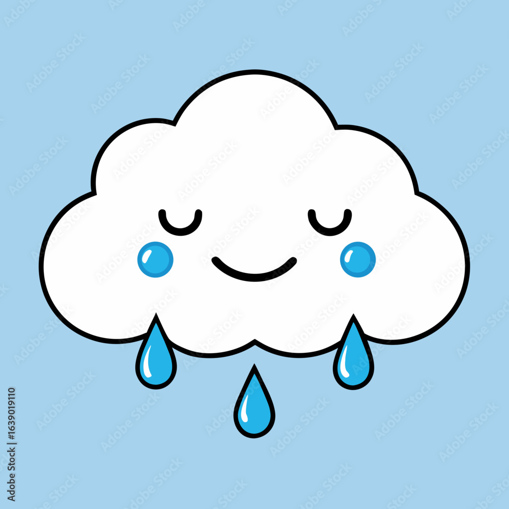 Obraz premium Cartoon Cloud with Raindrops – Smiling Face, Blue Cheeks, Light Blue Background, Whimsical Weather Symbol, Cute Rain Illustration
