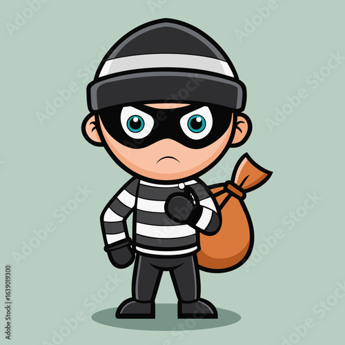 Cartoon Burglar Illustration – Striped Shirt, Orange Sack, Light Green Background, Whimsical Crime Concept, Character Design