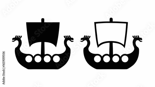 Illustration showing two viking ships with dragon heads and sails in black and white color scheme style silhouette