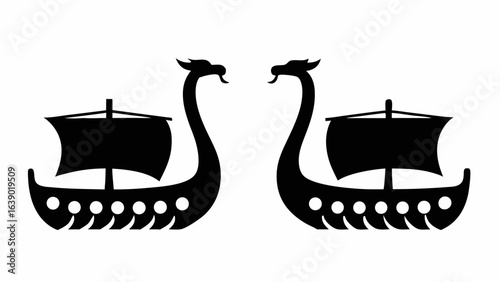 Two facing viking ships with dragon heads and sails in black silhouette on a white background design