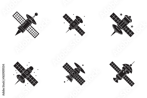 Black and White Satellite Icon Set Vector Illustration for Space Exploration and Communication Technology Designs