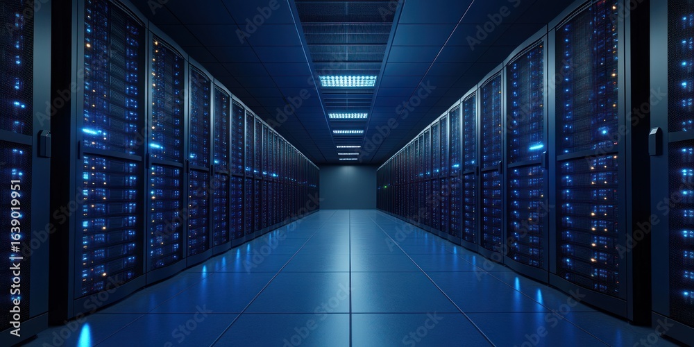 Obraz premium Long corridor of a modern data center filled with rows of server racks illuminated by blue LED lights, creating a futuristic and high-tech atmosphere