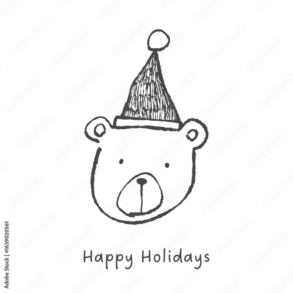 Fototapeta premium サンタ帽子をかぶったクマの顔。手描きの線画イラスト。