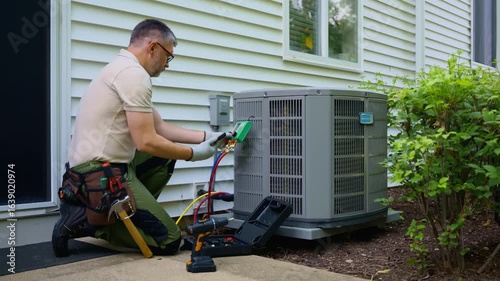 HVAC service worker diagnoses or repairs air conditioner compressor. HVAC Maintenance Service. Wide view