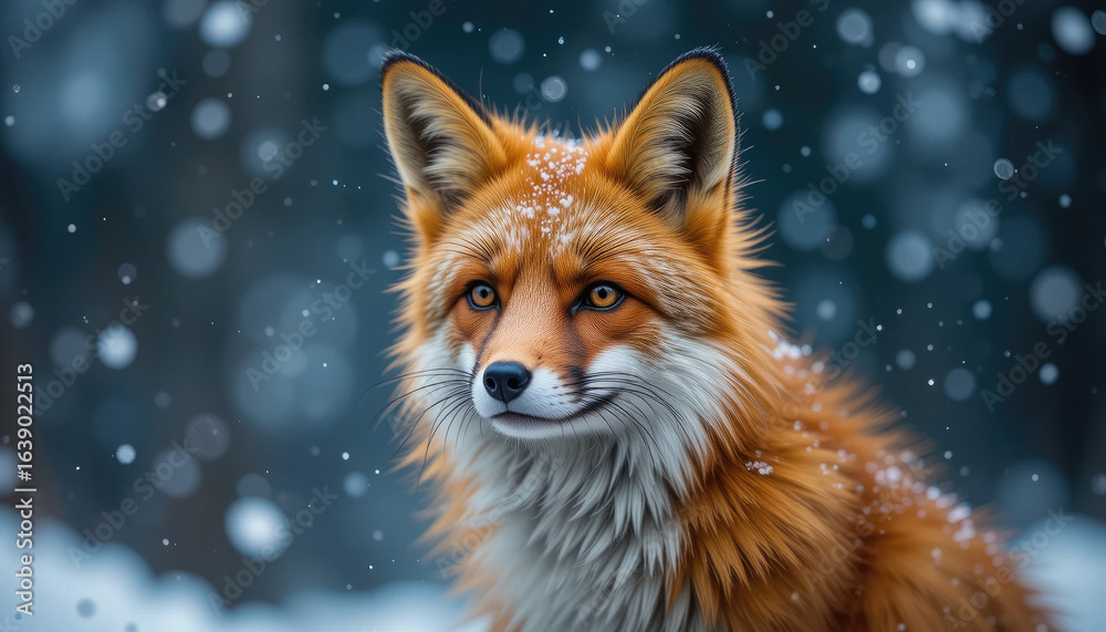 Obraz premium Majestic fox with striking amber eyes gazes alertly in a soft snowfall