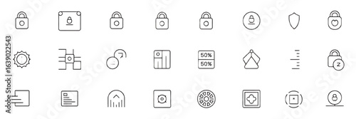 Collection of Black Line Icons Representing Security Settings and Miscellaneous Functions Suitable for Web or App Design