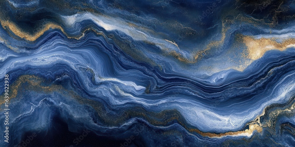 Fototapeta premium Abstract flowing blue and white marble texture with swirling gold accents resembling natural mineral veins and waves
