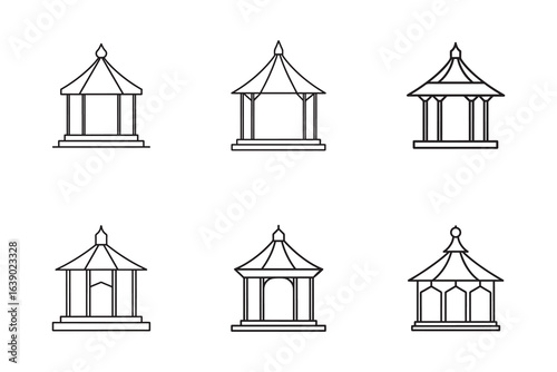 Collection of architectural gazebo line art designs for park or garden structures in a minimalist vector illustration style