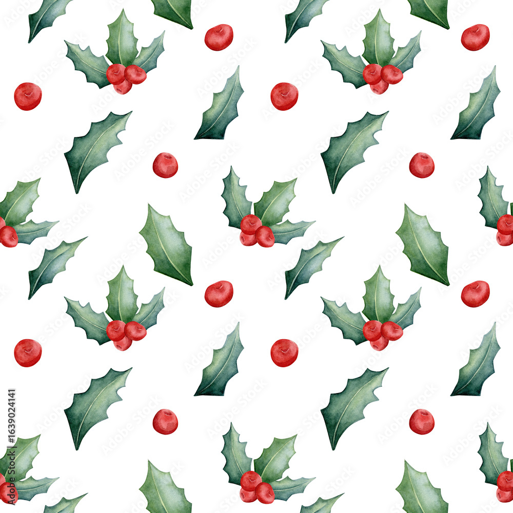 Fototapeta premium Seamless watercolor pattern. Botanical drawing. Hand drawn holly leaves and berries isolated on white background. Design for printing on fabric.