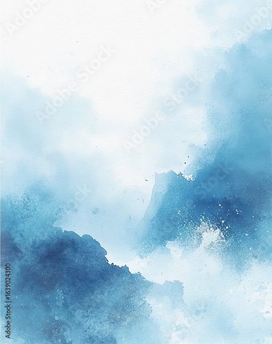 Abstract blue watercolor painting resembling misty mountains with soft gradients and textured shades evoking calmness and serenity