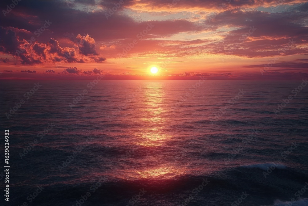 Fototapeta premium Serene ocean scene at sunset with calm waves reflecting golden sunlight under a colorful sky with scattered clouds