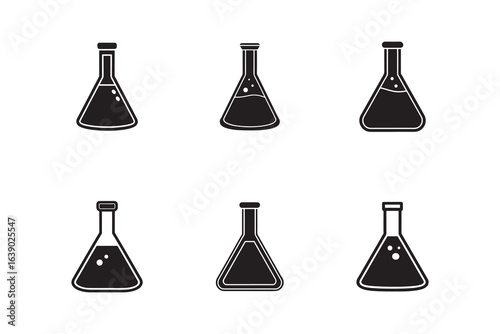 Collection of Black and White Science Flask Icons Representing Chemistry Experiments and Scientific Discovery in Labs and Research Institutes