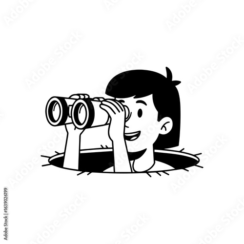 Curious Boy Peeking Through Hole with Binoculars