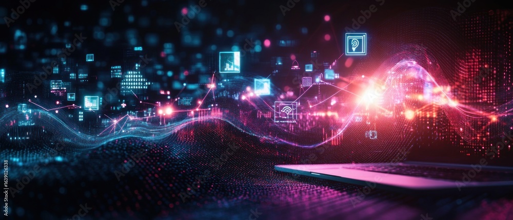 Obraz premium Futuristic digital interface with glowing data streams and icons emerging from an open laptop in a dark environment