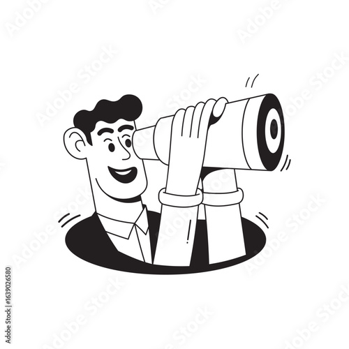 Businessman Looking Through Telescope from a Hole