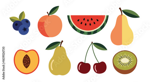 Colorful Fresh Fruit Set - Blueberry, Peach, Watermelon, Pear, Apricot, Cherry, Kiwi